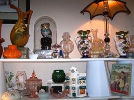 Cloisonne Owl on wood stand under dome, Victorian hand-painted pair of Vases, Schonbek crystal Lamps, Starbucks Dept 56 Lighted building & cart