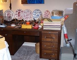 Office desk, Vernon Kilns Plates, tools, TCU Horned Frog Yearbooks 1947-50