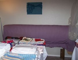King size upholstered headboard, Wedding Tiara and handmade beaded veil, assorted linens