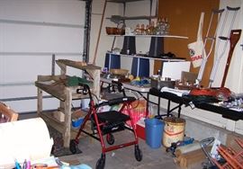 Shabby potting bench, Walker with seat and hand brakes, garage goodies