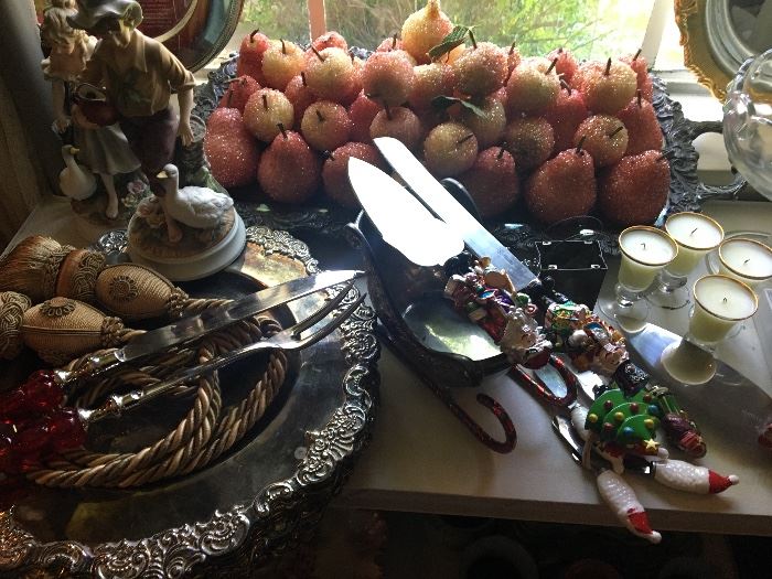 Sometimes we get lucky taking a picture -- how about this still life of pears, Christmas carving sets, silver & other décor??