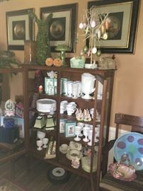 China cabinet full of treasures, Easter décor, white porcelain, and more. Note three framed hand-painted porcelain dishes on wall. ( NO PRICE QUOTES  AND NO HOLDS SO PLEASE DON'T ASK :-))