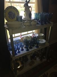 Blue goblets (another classic), large rabbit pitcher (LOVE IT!),  Royal Doulton "Old Colony" china, chargers and more!