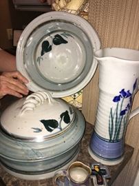 Hand-painted pottery, tureen,  iris lilies pitcher, creamer and more