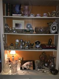 Collectibles, Waterford crystal, hand-painted porcelain teacups and saucers, tea pitcher, coffee pitcher, frames, Russian silver hinged egg boxes