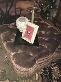 gorgeous mink-colored, velvet- tufted ottoman with fringed trim. ( NO PRICE QUOTES  AND NO HOLDS SO PLEASE DON'T ASK :-))