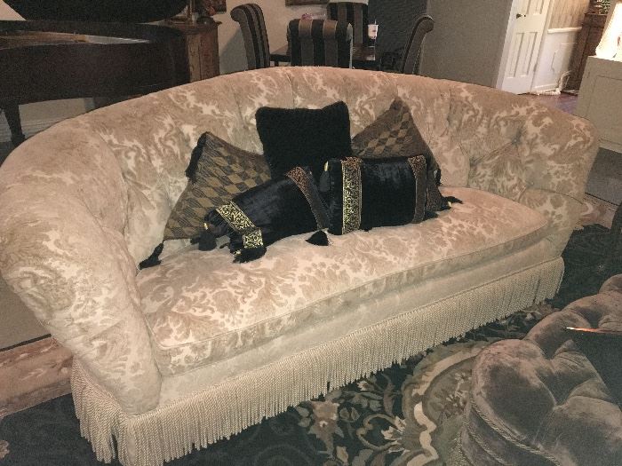 Luxurious high end sofa by manufacturer Baker (American), covered in a beige-cream floral brocade.      ( NO PRICE QUOTES  AND NO HOLDS SO PLEASE DON'T ASK :-))