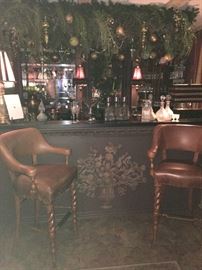 The bar! Leather barstools with turned wood legs, at wonderful bar! REMEMBER -- No holds, no price quotes before the sale!