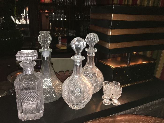 Crystal decanters and crystal sherry/cordial glasses