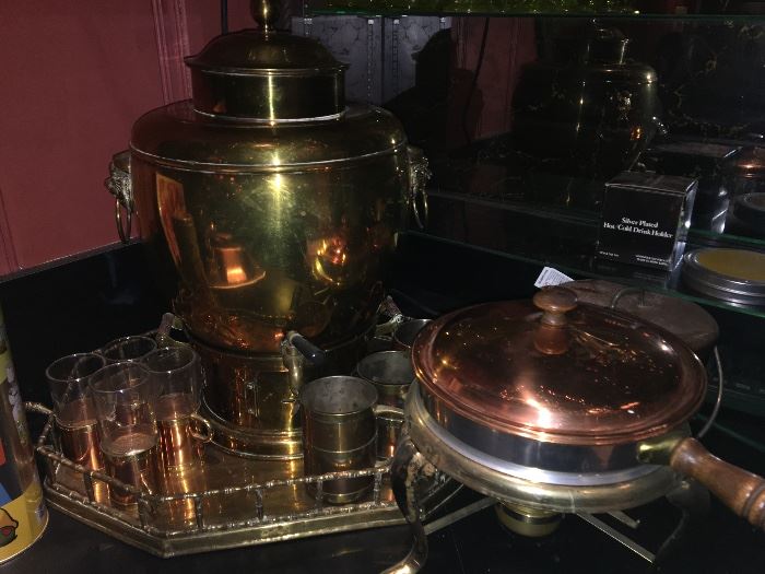 Brass samovar (traditionally used to boil water for tea), copper flambe pan on stand. Remember we do not quote any prices prior the sale and we never HOLD anything SO PLEASE DON'T ASK :-) Everything is sold during the sales days at the sale. house address shared 24 hours ahead of time.