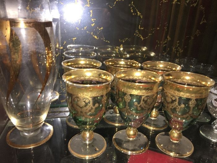 Green and gold glass goblets