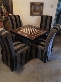 Wonderful folding game table with comfy upholstered chairs in a classic broad stripe.   ( NO PRICE QUOTES  AND NO HOLDS SO PLEASE DON'T ASK :-))