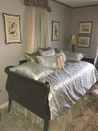 Mahogany trundle bed! Unusually framed bird prints on the wall, all bedding, dust ruffle, rug, lamps available