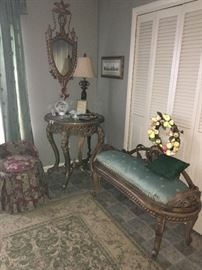 Outstanding French Louis VX style bench, gilded table and that mirror! WoW!!!                                             Upholstered vanity chair and carpet also part of the estate sale.  ( NO PRICE QUOTES  AND NO HOLDS SO PLEASE DON'T ASK :-))