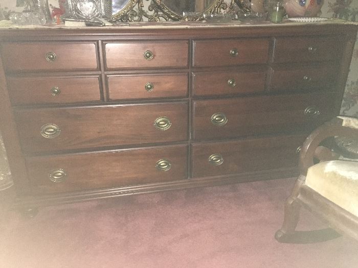 Huge chest of drawers coordinates with sleigh bed. Note rocking chair partially revealed on right. ( NO PRICE QUOTES  AND NO HOLDS SO PLEASE DON'T ASK :-))