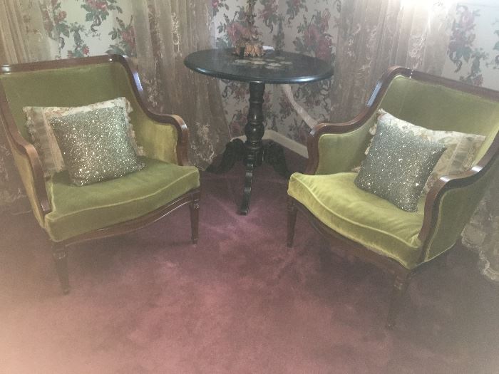 Wonderful and classic yet modern arm chairs in avocado green velvet, centered by a antique, floral motif ebony  table.  ( NO PRICE QUOTES  AND NO HOLDS SO PLEASE DON'T ASK :-))