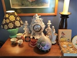 Antique china clock and candlesticks, antique hand painted hanging planter, vintage Madonna & Child planter, antique child's tea set, vintage pottery lamp
