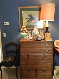 Early American style dresser, "Dog Biscuit Blues" by Tara Moore #336/650, antique side chair with needlepoint seat.