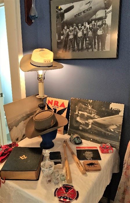 Stetson felt hat, Resistol straw hat, Mason's Bible, WWII aircraft photos, JFK 45 RPM record.  FRAMED PHOTO OF ANTWERP AVENGER NOT AVAILABLE (family decided to keep)