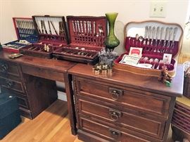 Desk and side table/night stand with drawers.  3 sets vintage silver plate, 1 set mid century brass flatware