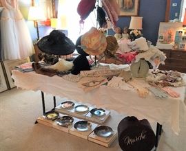 Vintage hat box, hats, gloves, baby scale, beaded purses