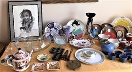 Mid Century West Virginia Glass punch bowl, ladle and 50 or so cups, "Young Indian Maiden" signed Burton #417/500.  Haviland Limoges platter and sugar bowl, antique muffin tins, steak knives and meat flork.  Chinese and Japanese plates, antique tea pot and plate, bowls, Art Deco glass plate