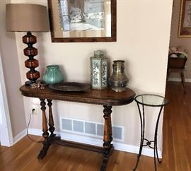 Antique hall table, brass & cloisonne vase, tall table lamp, small round glass top table, hall pottery vase/pot, tall Chinese six sided jar with lid