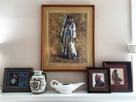 Dick Reynolds "Navajo Blanket" signed, James Bama "At a Mountain Man Wedding" and "Winter Trapping"  Van Briggle pottery white genie lamp