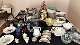 Antique china, crystal, signed glass bowl, transferware fish bone crescent plates