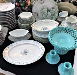 Noritake "Louise" 55 pieces.  Fenton hobnail milk glass turquoise aqua candle holders and footed bowl.  Frankoma dated Christmas plates mostly 70's & 80's