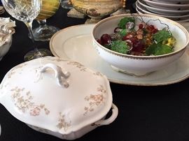 Vintage china platter, bowl and covered casserole.  Decorative glass fruit for hanging from chandelier or other purpose