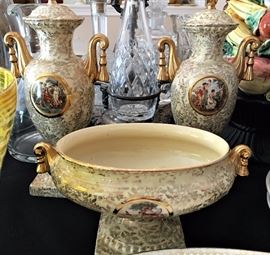 Decorative antique china footed bowl and 2 lidded urns with gold trim and Victorian scenes