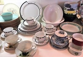 Black and white 80's pottery.  Blakely Oil & Gas promo cactus cups & saucers