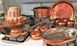 Revere copper pans and tray.  Moscow mule cups, candlesticks, fondue pot, mold.