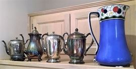 Silver tea pots, large pottery pitcher - Art Deco