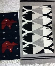 Native American woven wool rugs.  Fish.  Bear.