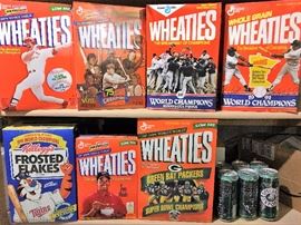 Wheaties boxes with Mark McGuire, Minnesota Twins, Green Bay Packers, Tiger Woods.  Frosted Flakes Minnesota Twins