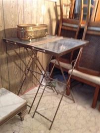 #120 (2) tall metal tray table w glass tray 27x16x39 $125 ea