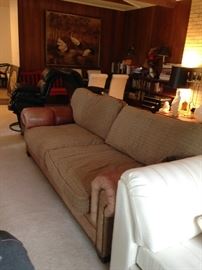#61 Guardman sofa tan fabric and leather arm COMFY 91" long $150