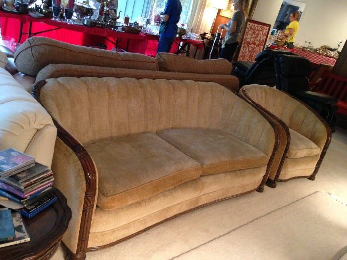 #63 Kingsport upholster tan sofa w wood trim 80 long $200
 #20 kingsport upholster tan chair w wood trim $125

