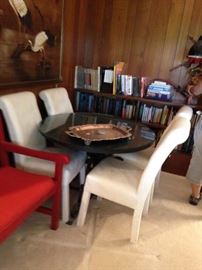 #68 metal base wood/glass top round table w 4 parson chairs 42x27 $150