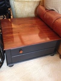 #71 double sided drawers coffee table (note knobs in drawers) green painted wood top 33x16 $125