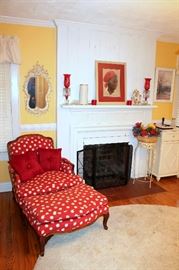 Red / white polka dot upholstered armchair and ottoman, cranberry crystal boudoir lamps, Lenox vase, Gullah basket from SC, and more!