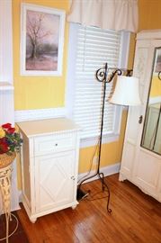 White end table, iron floor lamp