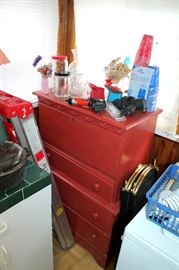 Red painted drop-front desk / chest-of-drawers