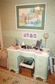 Vintage painted desk, stool, large framed watercolor