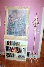 Bookcase with books, iron coat rack, large original painting by Susan Mink Colclough