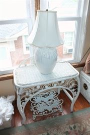 Small wicker table, ceramic lamp