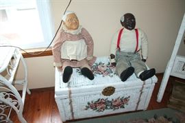 Painted wicker trunk and dolls