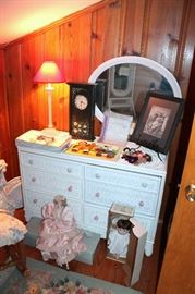 Wicker dresser, dolls, mirror
